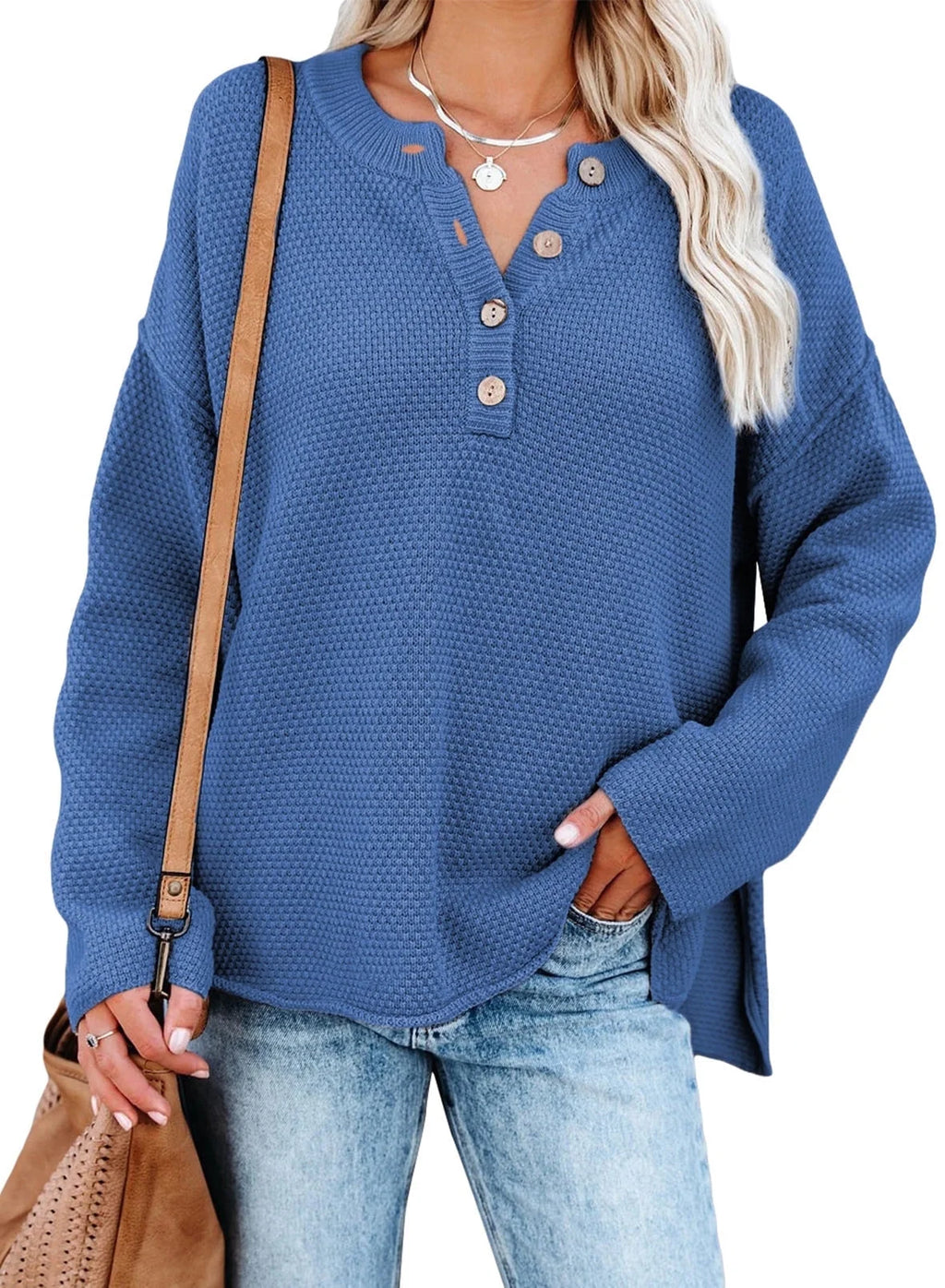 Waffle Knit Pullover in Blue