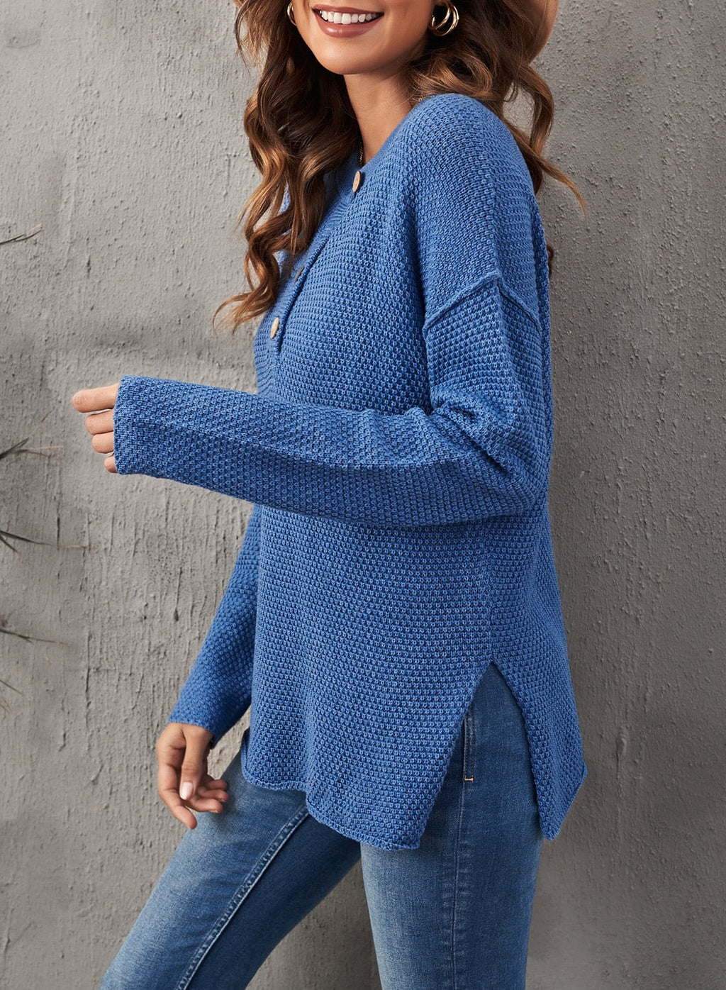 Waffle Knit Pullover in Blue