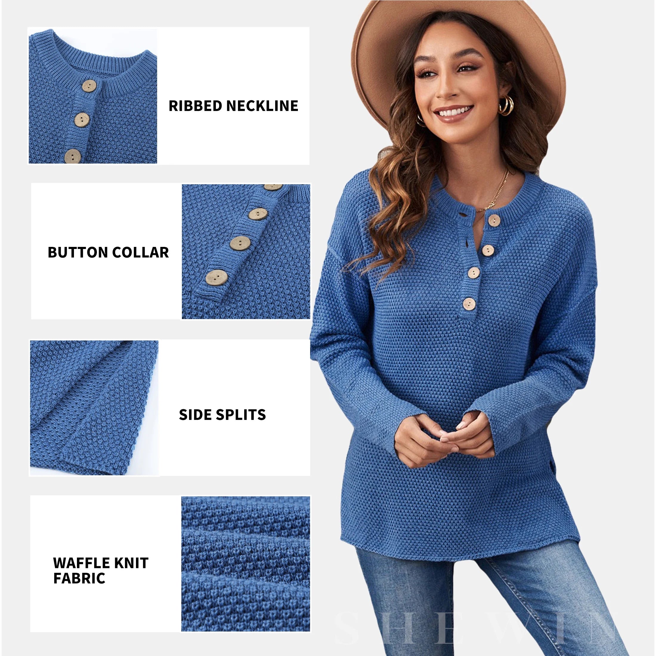 Waffle Knit Pullover in Blue